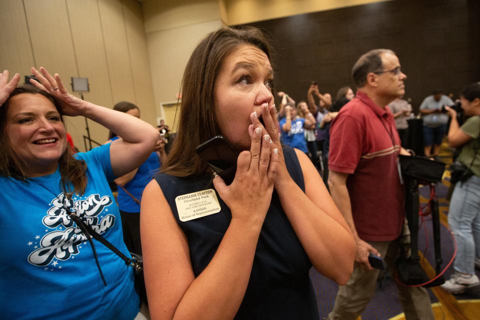 Rep. Stephanie Clayton, D-Overland Park, reacts Tuesday at the Kansans for Constitutional Freedom election watch party at the Overland Park Convention Center. Voters soundly rejected a proposed measure that would have removed constitutional protections for abortion access in the state.