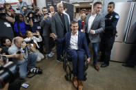 Rep. Madison Cawthorn, R-N.C., speaks to supporters and the media at his primary election night watch party in Hendersonville, N.C., Tuesday, May 17, 2022. (AP Photo/Nell Redmond)