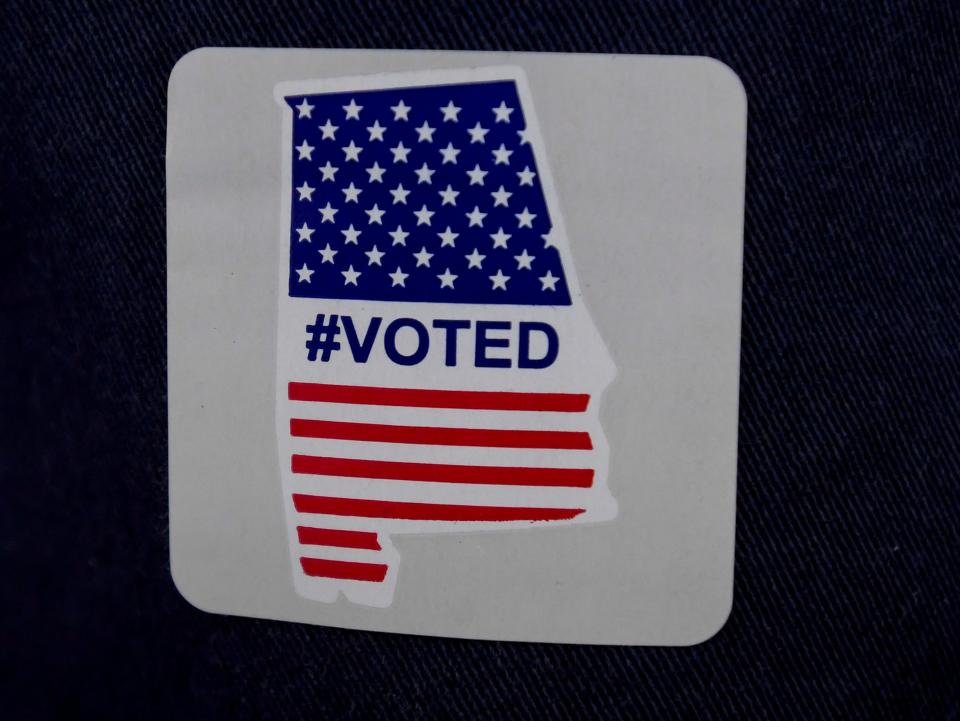 A #VOTED sticker given out as people vote during the Super Tuesday Primary Election in Montgomery, Ala., on Tuesday March 5, 2024.