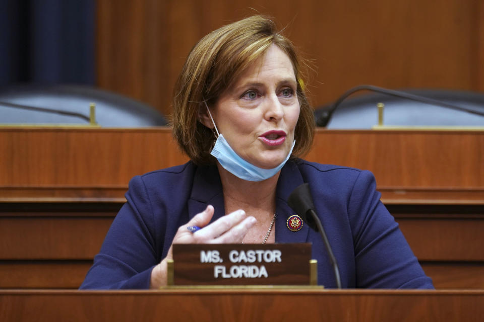 FILE - In this May 14, 2020 file photo Rep. Kathy Castor, D-Fla., speaks during House Energy and Commerce Subcommittee on Health hearing on Capitol Hill in Washington. House Democrats on Tuesday unveiled a plan to address climate change that would set a goal of net-zero greenhouse gas emissions by 2050, while pushing renewable energy such as wind and solar power and addressing environmental injustice that harms low-income and minority communities. (Greg Nash/Pool via AP)