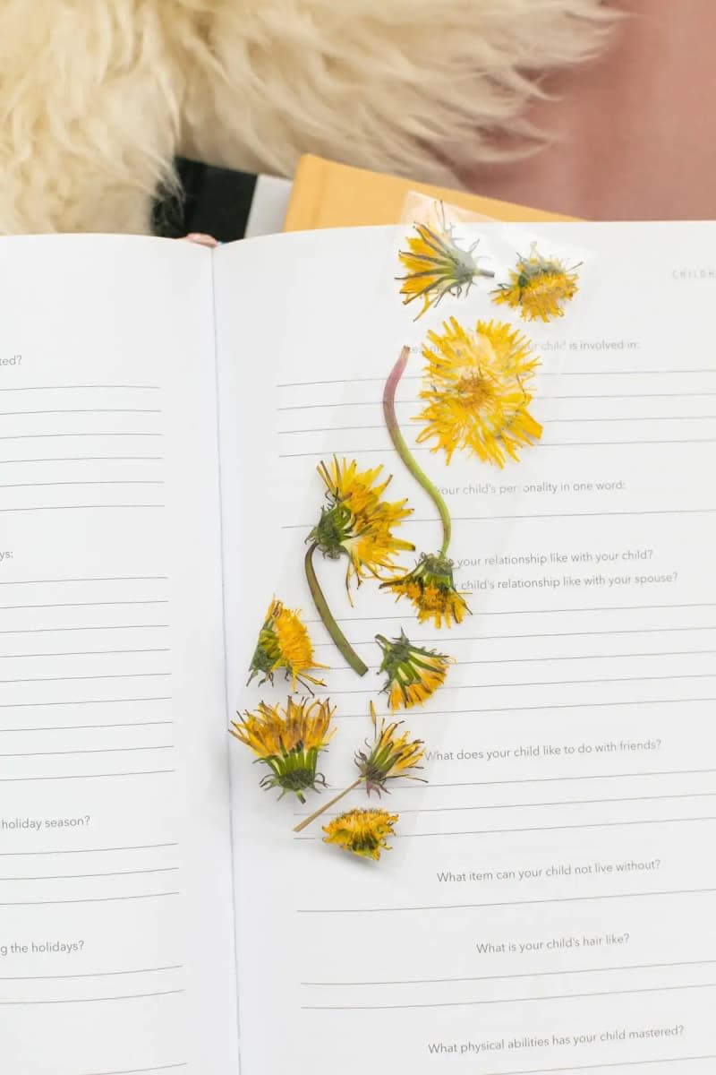 a yellow floral bookmark in a book