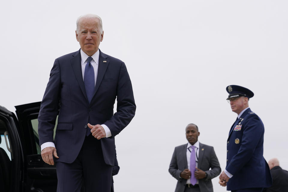 President Joe Biden walks over to speak with members of the press after stepping off Air Force One at Andrews Air Force Base, Md., Monday, April 25, 2022. Biden is returning to Washington after spending the weekend at his home in Delaware. (AP Photo/Patrick Semansky)