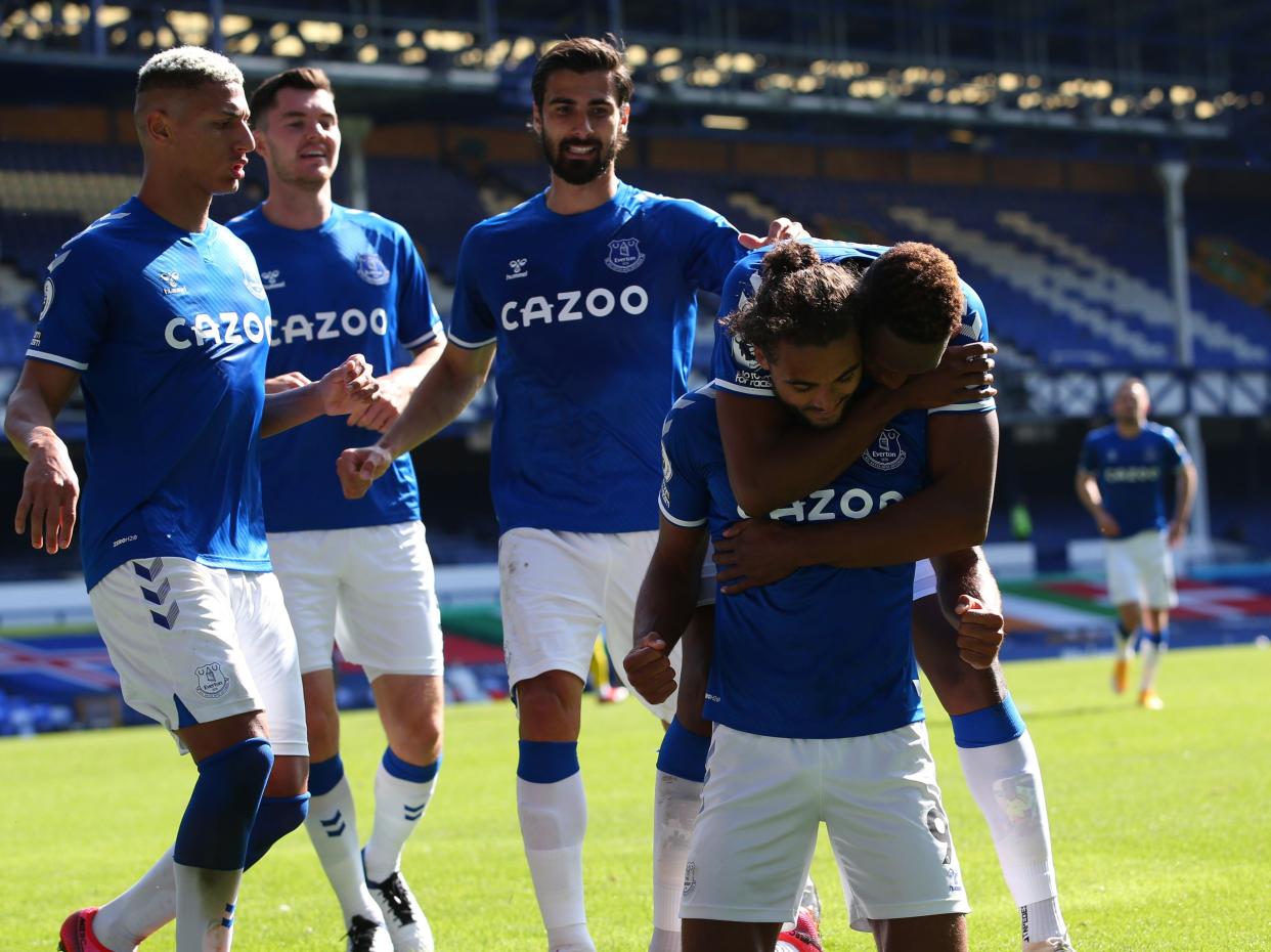 Everton players celebrate in the win over West Brom (POOL/AFP via Getty Images)