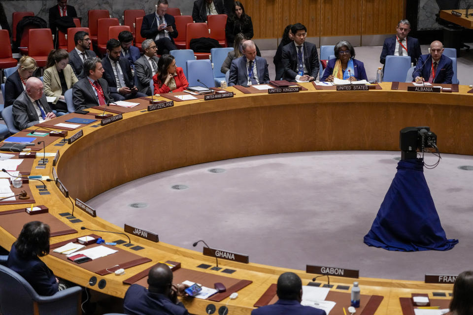 Linda Thomas-Greenfield, Representative of the United States to the United Nations, speaks during a Security Council meeting, Thursday, Feb. 23, 2023, at United Nations headquarters. (AP Photo/John Minchillo)