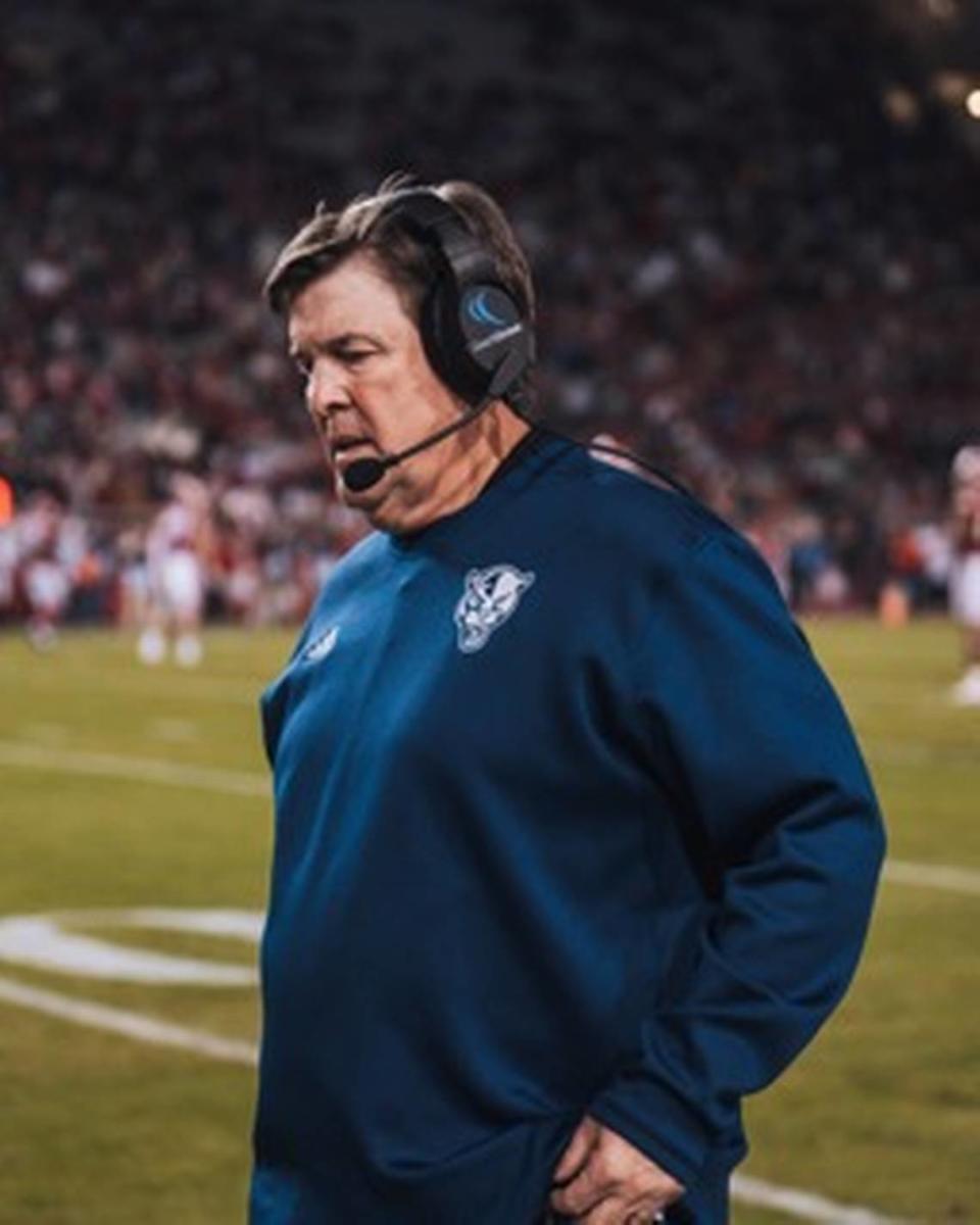 FIU coach Mike McIntyre is seen here on the sideline during the Panthers’ 44-20 loss Saturday at Arkansas.