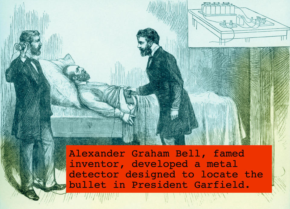 Alexander Graham Bell holding a machine up to President Garfield in a hospital bed