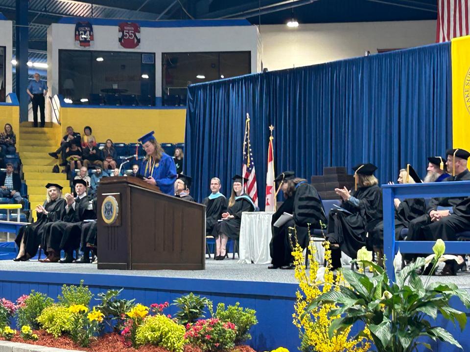 Hannah Brood, an engineering and robotics student, was the graduating student speaker during the 2023 LSSU commencement ceremony at Taffy Abel Arena on May 6, 2023.