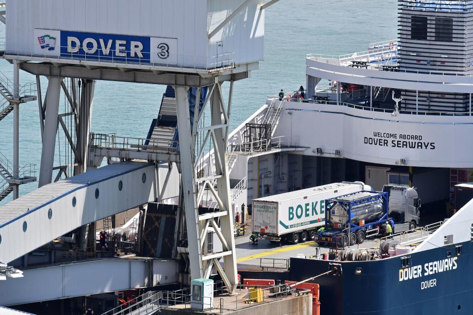 Freight lorries board a ferry at the Port of Dover bound for France, in Dover on the south coast of England on July 12, 2020. - Britain on Sunday pledged £705 million ($890 million, 788 million euros) to prepare its borders for cutting ties with the European Union on December 31, amid concern within government that it is not ready. (Photo by JUSTIN TALLIS / AFP) (Photo by JUSTIN TALLIS/AFP via Getty Images)