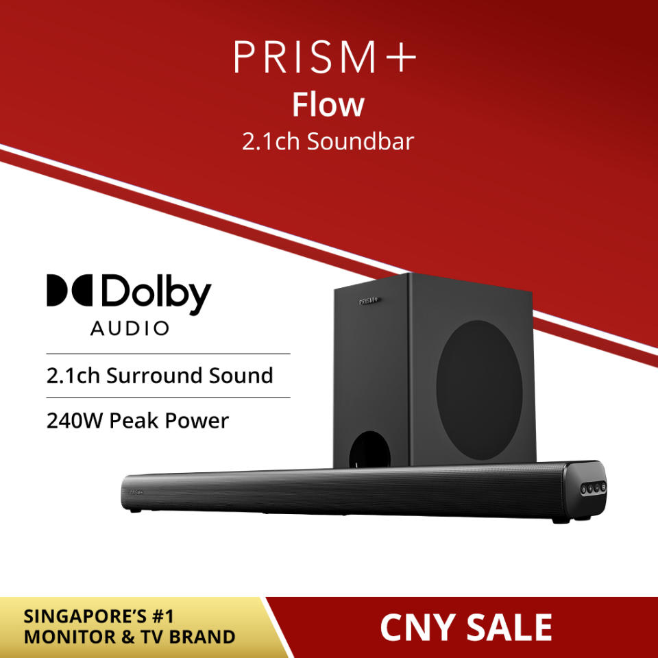 PRISM+ Flow 2.1ch Soundbar with Dolby Audio | 240W | Wireless Subwoofer | Wireless Music Streaming | Bluetooth 5.1. (Photo: Shopee SG)