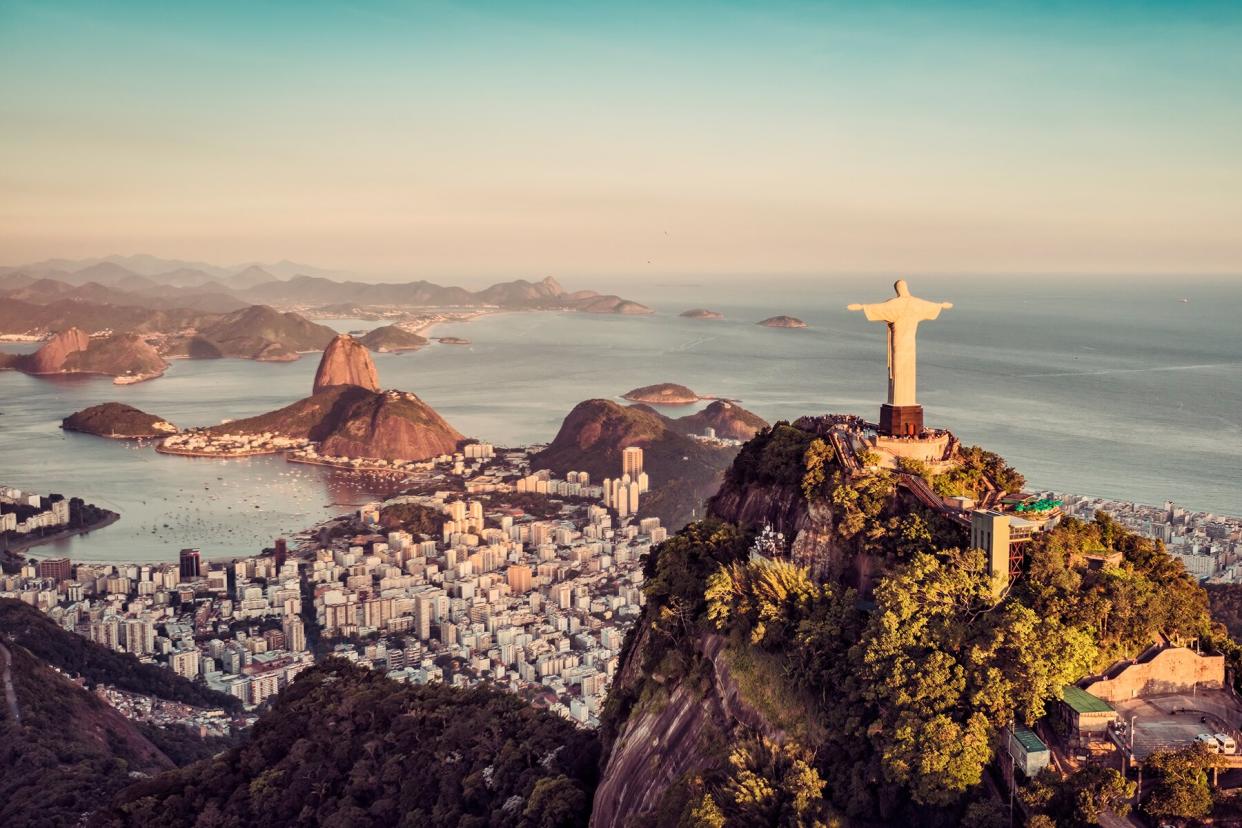 Aerial panorama of Botafogo Bay and Sugar Loaf Mountain, Rio De Janeiro, Brazil.