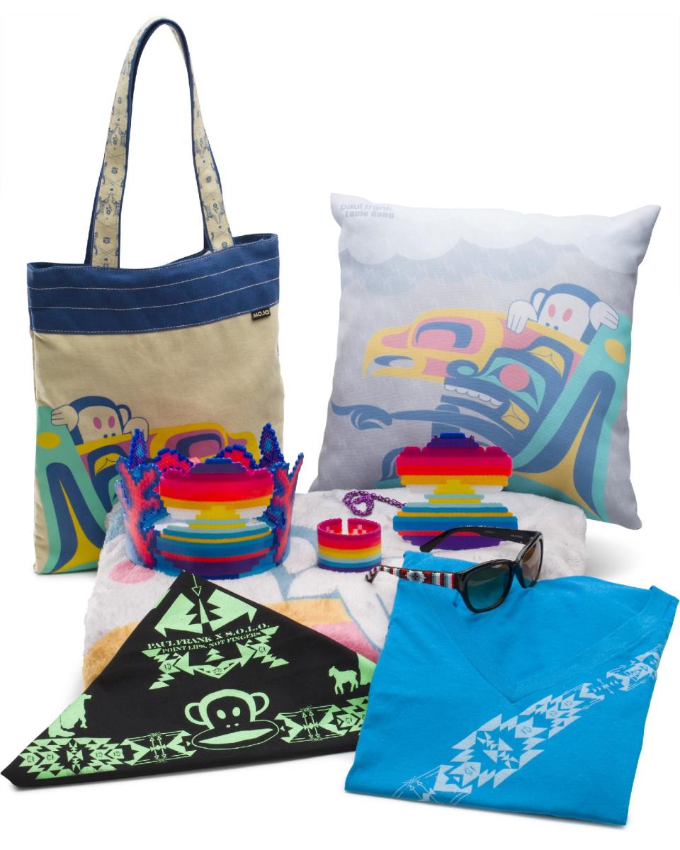 This undated image provided by Paul Frank Industries Inc. shows merchandise created through a collaboration with four Native American artists and designers. The new collection was to be unveiled Friday, Aug. 16, 2013, at the SWAIA Indian Market in Santa Fe, N.M. (AP Photo/Paul Frank Industries Inc.)