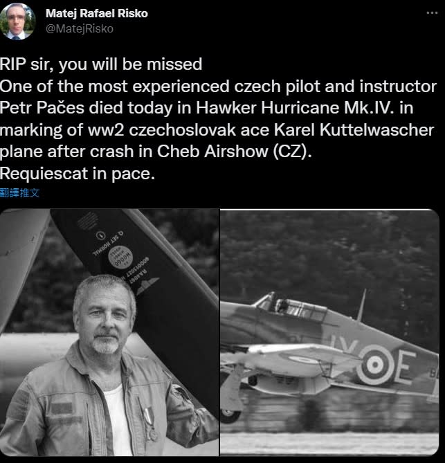 於捷克海布（Cheb）當地時間 8 月 14 日下午約 3 時 30 分墜機身亡的飛行員 Petr Paces 。   圖：翻攝自推特@MatejRisko