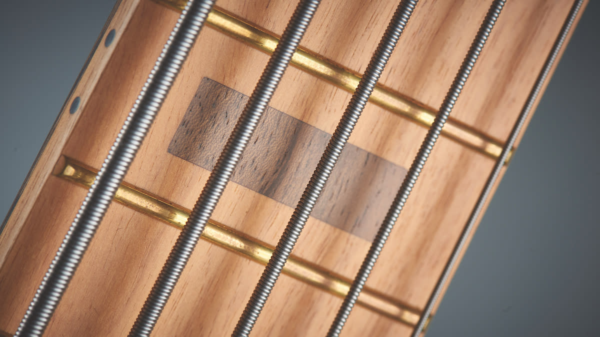  Close up of the fretboard of a 5-string bass 