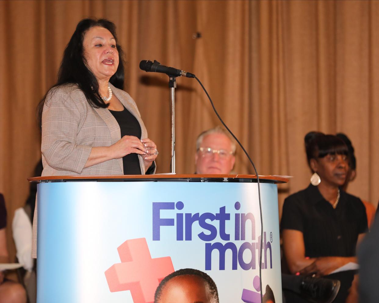 New York State Education Commissioner Betty Rosa delivers remarks during an assembly held at Lime Kiln Elementary School in Wesley Hills May 3, 2024. They celebrated their accomplishment as tops in the nation for an online educational math game called First In Math. The games build confidence in math.