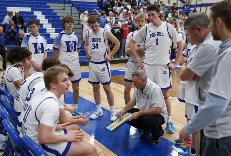 Dundee boys basketball coach Jay Haselschwerdt talks to his team during a 57-50 win over Ida Thursday night.