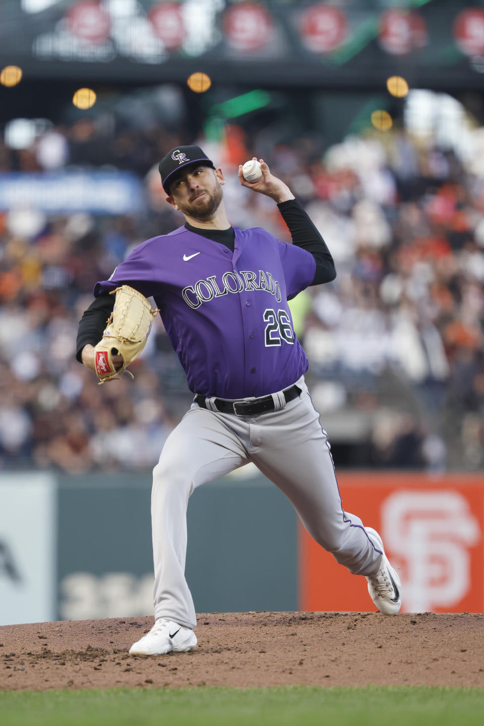 Colorado Rockies' Austin Gomber pitches to a San Francisco Giants batter during the first inning of a baseball game in San Francisco, Friday, July 7, 2023. (AP Photo/Josie Lepe)