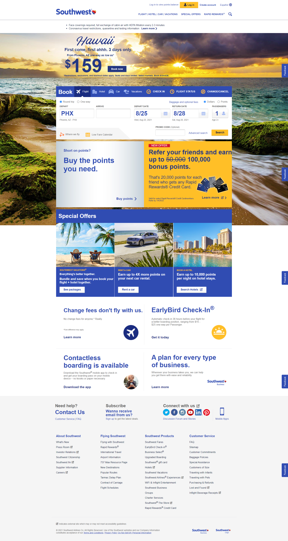 Southwest Airlines' website touts cheap fares to Hawaii.