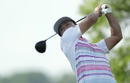 Mar 26, 2017; Austin, TX, USA; Hideto Tanihara of Japan plays against Dustin Johnson of the United States during the final round of the World Golf Classic - Dell Match Play golf tournament at Austin Country Club. Mandatory Credit: Erich Schlegel-USA TODAY Sports