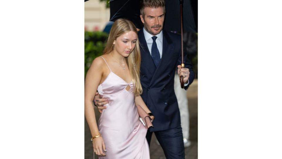  Harper Beckham and David Beckham are seen on September 27, 2024 in Paris, France.  