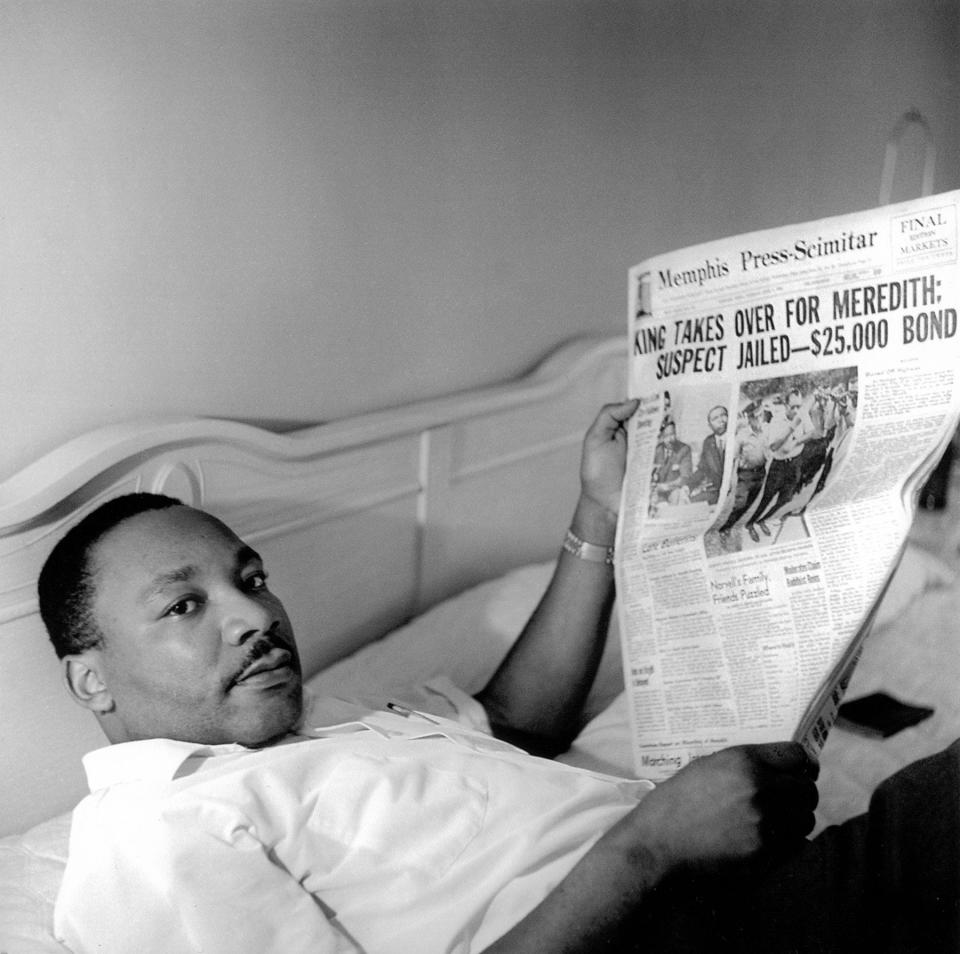 Photographer Ernest Withers enjoyed unusual access to his subjects, as indicated by this image of Dr. Martin Luther King Jr. lounging on a Memphis hotel room bed.