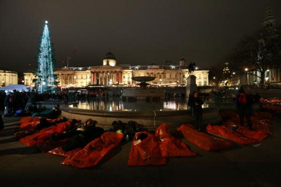 PA: London participants settling in for the World's Big Sleep Out at Trafalgar Square (PA)