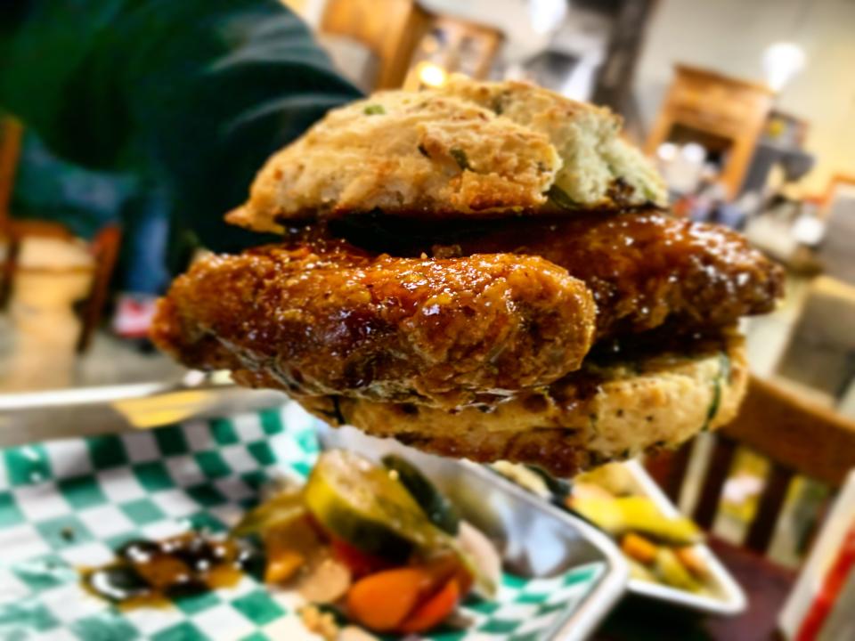 File this under WOW! — Chef Kenny’s signature Flavor Bomb fried chicken thigh sandwich on truffle Gouda biscuit. Paired with orange blossom honey and Fernandina Beach hot sauce it is smoky, spicy, and sweet.