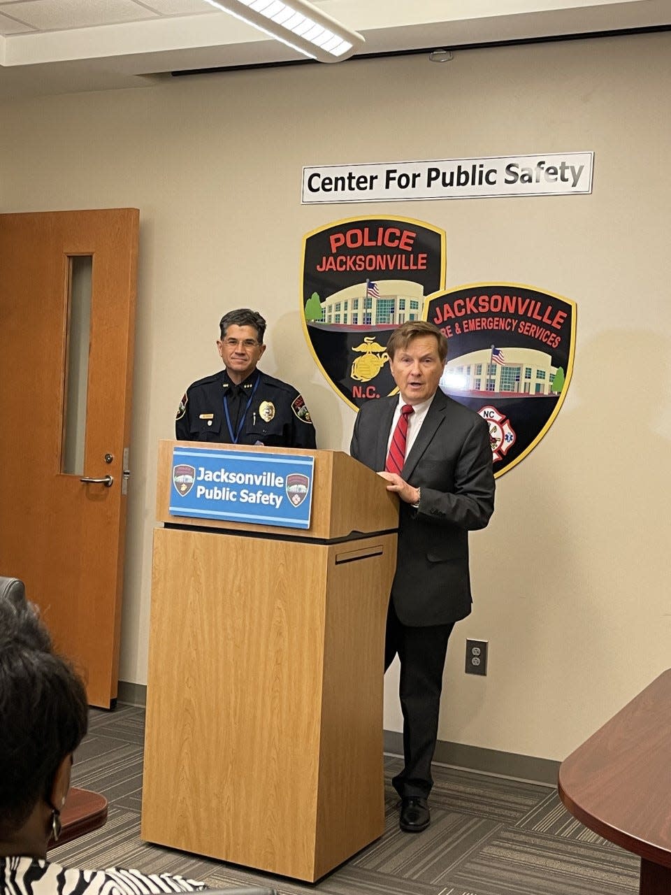 District Attorney Ernie Lee (right) speaks at the press conference Wednesday morning.