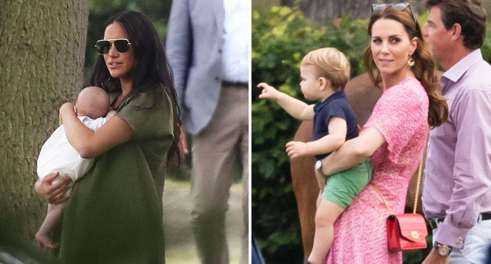 Meghan Markle with baby Archie; Duchess Kate with Prince Louis.  [Photo: Getty/PA]