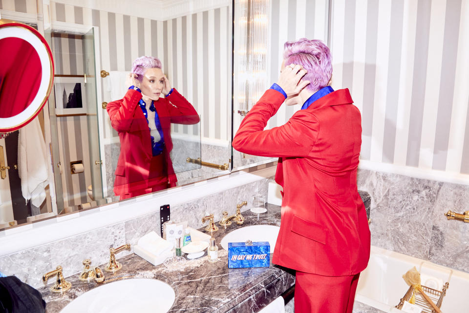 Megan Rapinoe gets ready for the 2021 Met Gala, in Sergio Hudson.