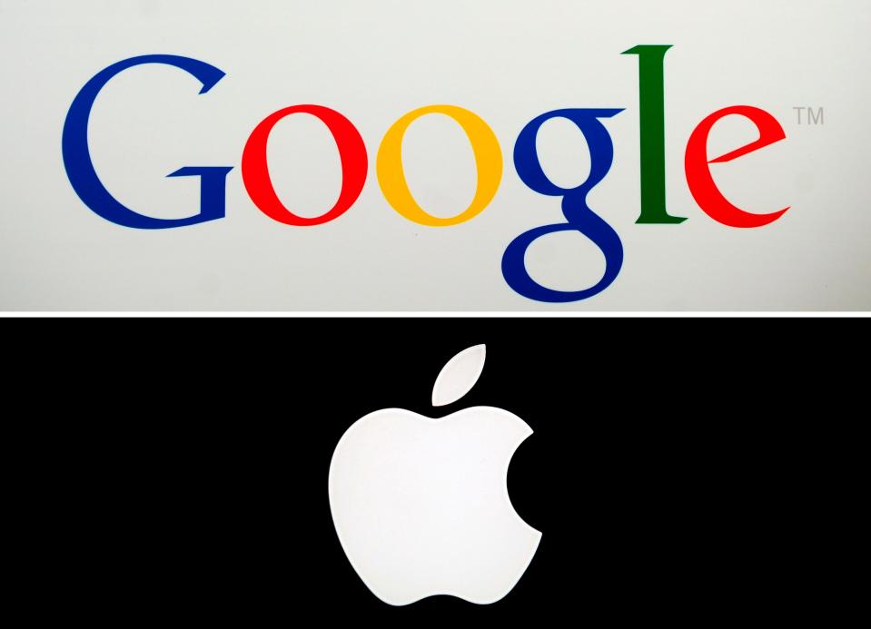 (FILES) In this combo file photo taken on May 17, 2014, shows Google's logo (top) in New York on May 21, 2012, and Apple's logo in Paris on January 27, 2010. - Google and Apple unveiled a joint initiative on April 10, 2020, to use smartphones to trace coronavirus contacts to battle the pandemic. The move brings together the largest mobile operating systems in an effort to use smartphone technology to track and potentially contain the global pandemic. (Photo by Emmanuel DUNAND and Loic VENANCE / AFP) (Photo by EMMANUEL DUNAND,LOIC VENANCE/AFP via Getty Images) ORIG FILE ID: AFP_1QJ15H