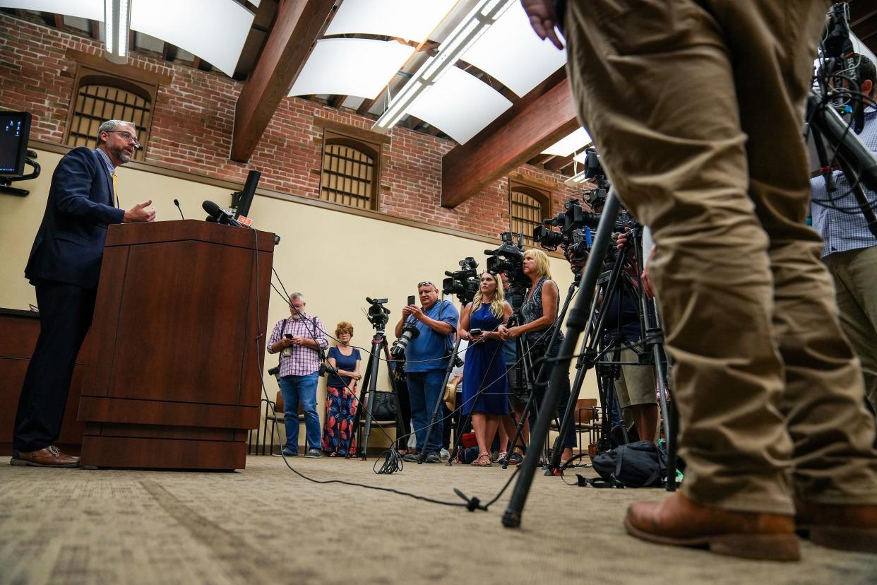 Kent Volkmer, Pinal County attorney, takes questions from journalists during a news conference on Aug. 3, 2022, in Florence to address ballot issues that took place in Pinal County during primary election day.