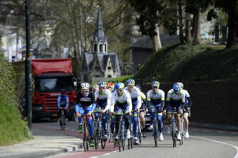 Orica GreenEDGE riders, seen in action on Cauberg hill in the Netherlands, during a track reconnaissance ahead of the Amstel Gold Race, on April 17, 2015