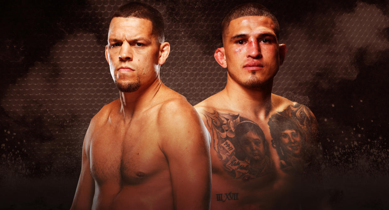 Nate Diaz returns to the Octagon after nearly three years to face fellow welterweight Anthony Pettis at UFC 241 on Saturday on Anaheim, California. (Yahoo Sports illustration)