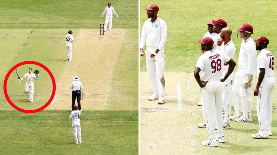 Steve Smith, pictured here celebrating his double century as West Indian cricketers look on.