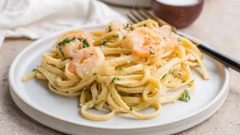 shrimp over linguine with Alfredo