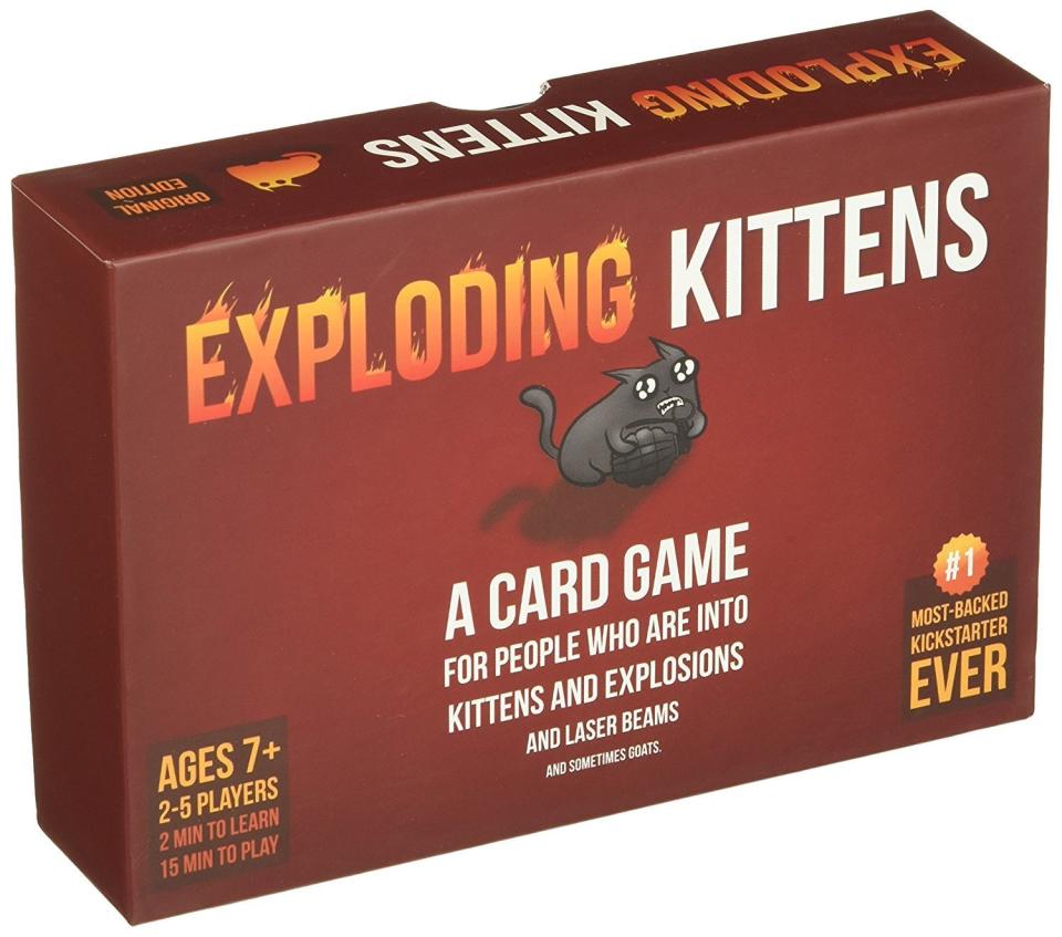 This party game is perfect for "people who&nbsp;are into kittens and explosions and laser beams and sometimes goats." It was the <a href="https://www.amazon.com/Exploding-Kittens-About-Explosions-Sometimes/dp/B010TQY7A8/ref=zg_bs_boost_20?_encoding=UTF8&amp;psc=1&amp;refRID=0J65QVCRHY2YSPX110BC" target="_blank">most-backed project</a> in Kickstarter history, and is suitable for ages 7+. Can be played with 2 to 5 people.&nbsp;<br /><strong>Price: <a href="https://www.amazon.com/Exploding-Kittens-About-Explosions-Sometimes/dp/B010TQY7A8/ref=zg_bs_boost_20?_encoding=UTF8&amp;psc=1&amp;refRID=0J65QVCRHY2YSPX110BC" target="_blank">$20</a></strong>