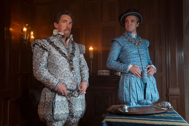 <p>Jonathan Prime/Amazon MGM Studios</p> Rob Brydon as Lord Dudley and Henry Ashton as Stan Dudley in 'My Lady Jane'.