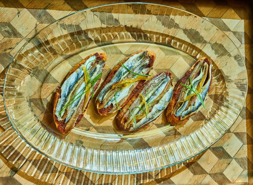 Toast with Tomato Jam, Boquerones, and Lemon Oil