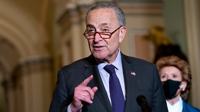 Majority Leader Charles Schumer (D-N.Y.) addresses reporters after the weekly policy luncheon on Tuesday, November 30, 2021.