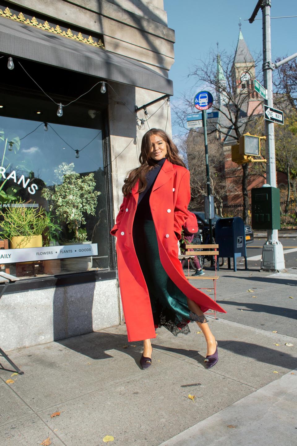 Interior NYC coat. Theory sweater. Philip Lim dress. Fossil ring. Mejuri ring. Stone and Strand ring. Pandora ring. Tory Burch heels.