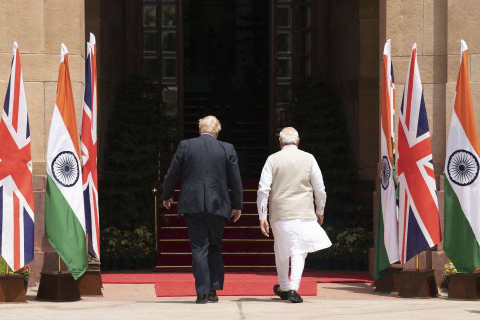 Britain's Prime Minister Boris Johnson with Prime Minister of India Narendra Modi at Hyderabad House in Delhi, as part of his two day trip to India, Friday, April 22, 2022. (Stefan Rousseau/Pool Photo via AP)