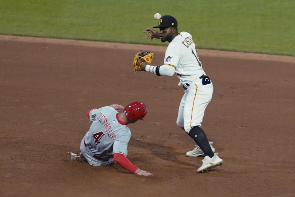 Pittsburgh Pirates shortstop Rodolfo Castro, right, loses the ball after forcing out Cincinnati Reds' Matt Reynolds (4) at second during the seventh inning of a baseball game,Thursday, May 12, 2022, in Pittsburgh. TJ Friedl was safe at first. (AP Photo/Keith Srakocic)