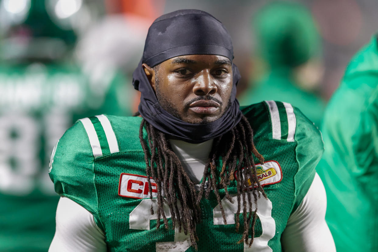 Trent Richardson, shown here with the Saskatchewan Roughriders in 2017, is trying to get back in the NFL through the AAF’s Birmingham Iron. (Getty Images)