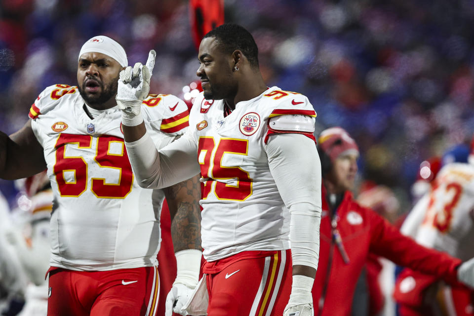 ORCHARD PARK, NY - JANUARY 21: Chris Jones #95 of the Kansas City Chiefs celebrates during an NFL divisional round playoff football game against the Buffalo Bills at Highmark Stadium on January 21, 2024 in Orchard Park, New York. (Photo by Perry Knotts/Getty Images)