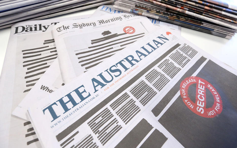 A selection of Nine and News Corp newspapers have taken part in an organised plan to protest against a lack of press freedom in Australia.