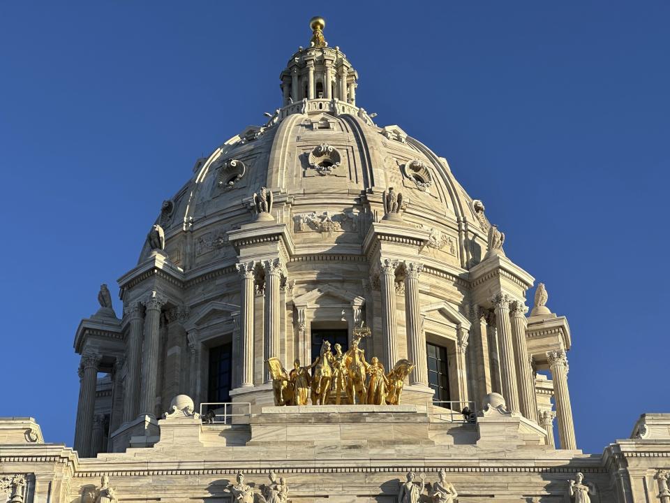 The sun shines on the Minnesota State Capitol on Monday, Feb. 12, 2024, in St. Paul, on the opening day of the 2024 session of the Minnesota Legislature. Lawmakers have a relatively modest agenda ahead after a momentous 2023 session that saw Democrats use their newfound full control of the statehouse to enact an ambitious list of their priorities. (AP Photo/Steve Karnowski)