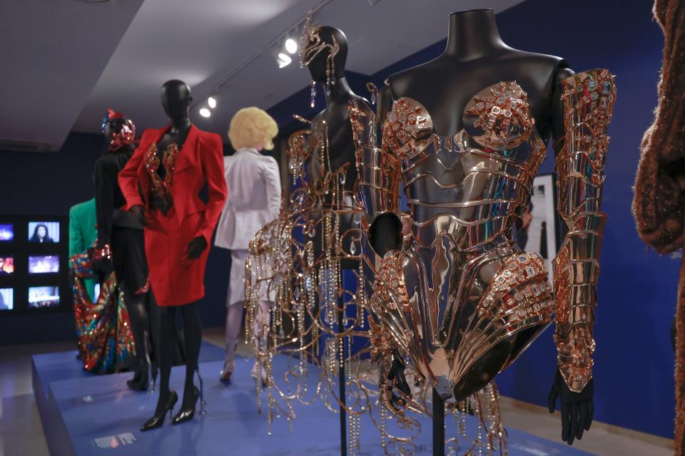 Thierry Mugler designs are seen on display at the "Thierry Mugler: Couturissime" exhibition. It runs through May 7.