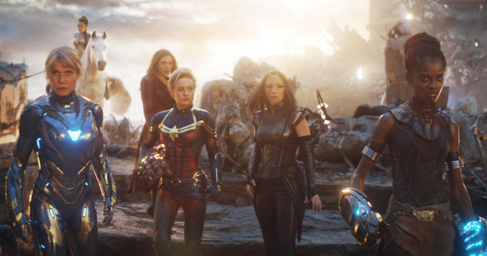 Gwyneth Paltrow, Tessa Thompson, Elizabeth Olsen, Brie Larson, Pom Klementieff and Letitia Wright in 'Avengers Endgame' (Photo: Marvel Studios/Courtesy Everett Collection)