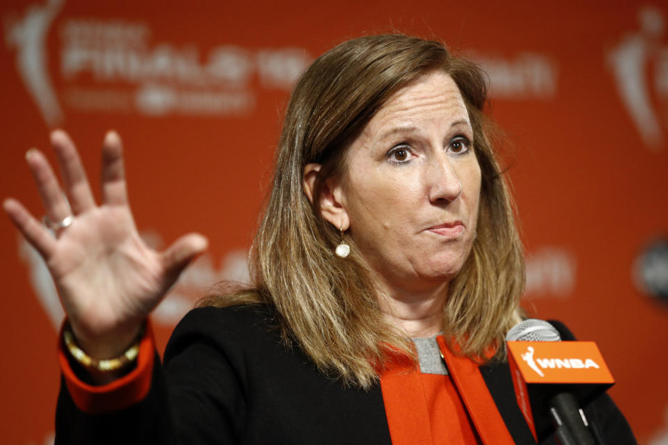 FILE - In this Sept. 29, 2019, file photo, WNBA Commissioner Cathy Engelbert speaks at a news conference before Game 1 of basketball's WNBA Finals in Washington. Engelbert believes the measures that the league has taken to ensure the players are safe in the bubble at IMG Academy in Bradenton, Fla. (AP Photo/Patrick Semansky, File)