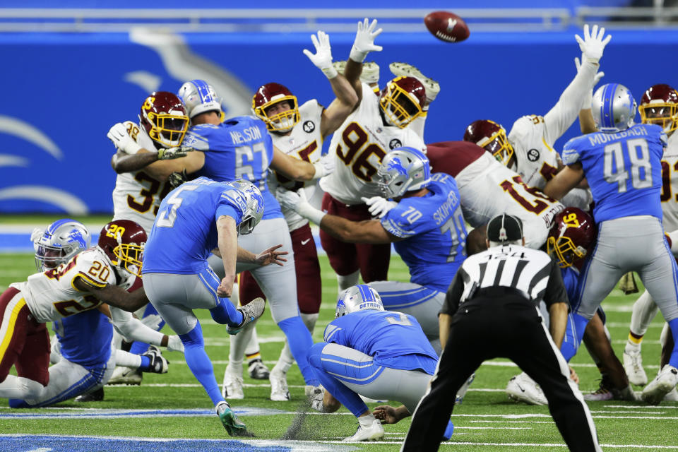 Detroit Lions kicker Matt Prater (5) boots the winning field goal with seconds remaining during the second half of an NFL football game against the Washington Football Team, Sunday, Nov. 15, 2020, in Detroit. (AP Photo/Duane Burleson)